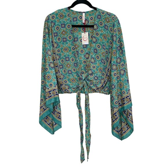 Raga Boho Tie-Front Top Size Small Sari Robe Bell Sleeve Teal NWT - Picture 1 of 4